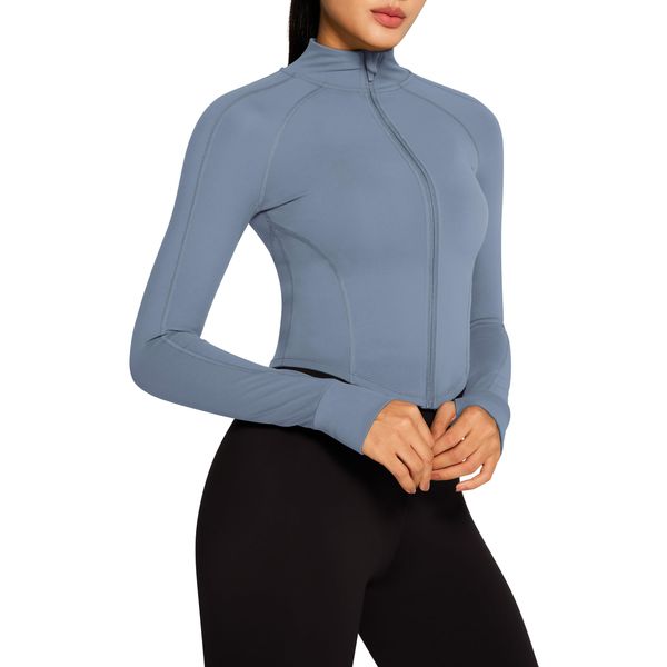 QUEENIEKE Womens Running Jacket Full Zip Crop Long Sleeve Top With Thumbhole Slim Fit Sports Top Air Bluee XS