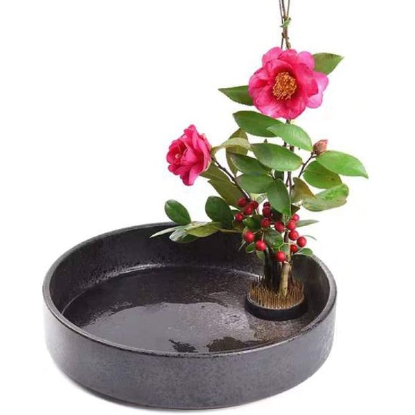 Flower Vase, Ikebana, Water Base, Flower Vase for Ikebana, Ceramic Vase, Flower Base, Flower Vase for Flower Arrangement, 1 Piece (Black, 7.9 inches (20 cm))