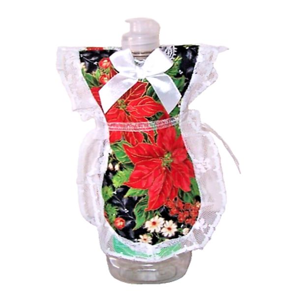 Christmas Poinsettia Floral Apron Dish Soap, Pancake Syrup, Catsup Bottle Cover