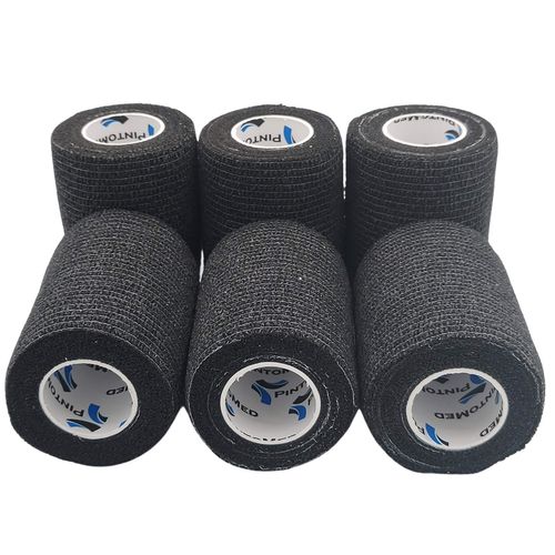 PintoMed – 6 X BLACK X 7.5CM X 4.5M - Cohesive Bandage Stretched, Self-adhesive Flexible Bandages, First Aid Sports Wrap Bandages Pack individually For Medical, Sports and Veterinary use.