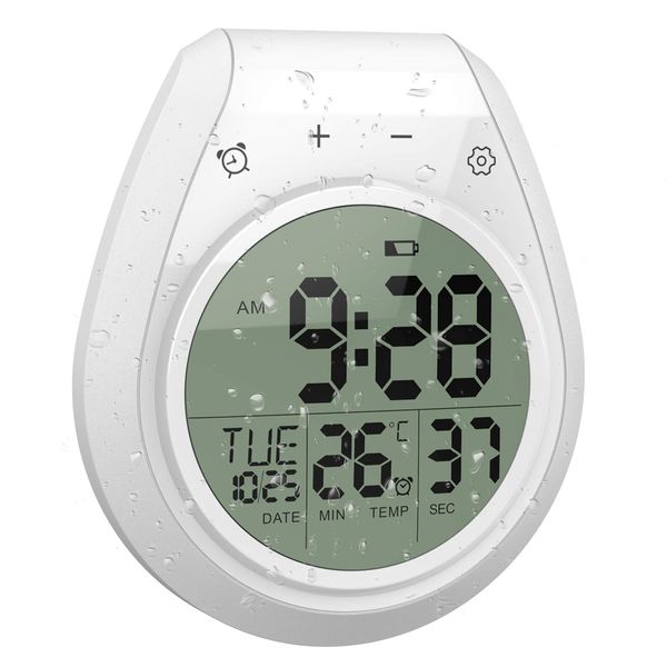 Shower Timer Clock Waterproof, Digital Bathroom Kitchen Wall Clock with LCD Display, 12/24 Hour Format, Temperature, Countdown Timer, Suction Cup, Hanging Hole