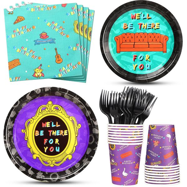 Funnymoom 84 Pcs Happy Birthday Party Supplies Birthday Decorations Include Paper Plates Paper Cups Napkins Black Plastic Fork Disposable Dinnerware for Birthday Party Supplies