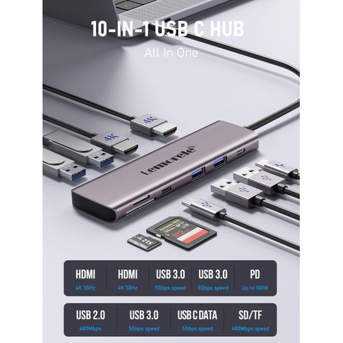 Laptop Docking Station Dual HDMI Monitor, 10 in 1 USB C Hub with 2 HDMI Ports, PD Charging, SD/TF, 5 USB C/A Ports, Laptop Docking Station for Dell XPS/HP/Lenovo/Surface