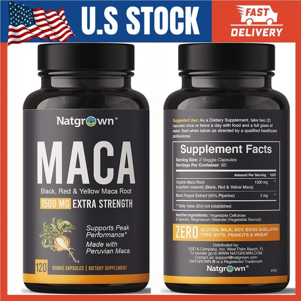 Natgrown Organic Maca Root Powder Capsules 1500 mg| Black+Red+Yellow Peruvian