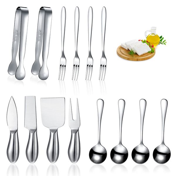 14 Pieces Spreader Knife Set Cheese Butter Spreader Knife Cheese Slicer Knife Stainless Steel Blade with Handles Mini Serving Tongs Spoons and Forks for Birthday Wedding (Stainless Steel Handle)