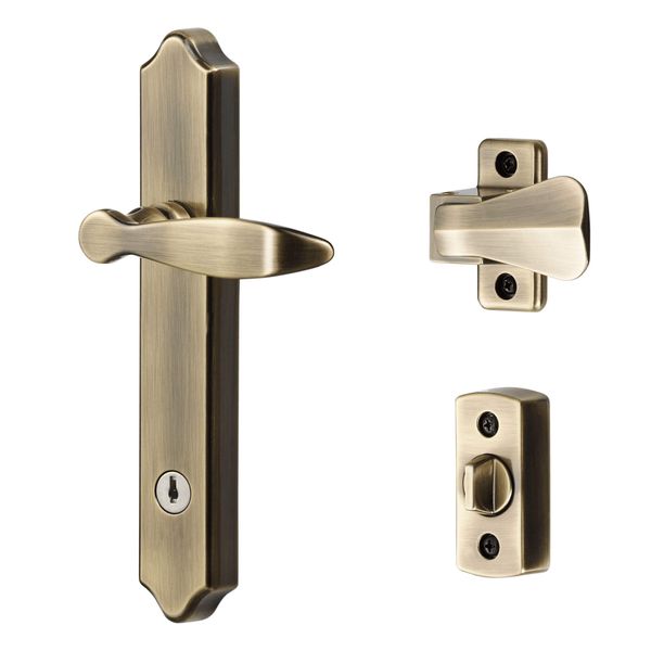 Ideal Security Door Lever with Deadbolt Lock for Out-Swinging Doors, Antique Brass (4-Piece Set)