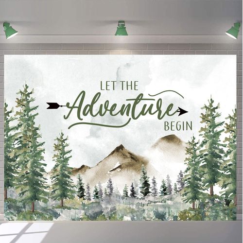 Adventure Awaits Baby Shower Backdrop Let The Adventure Begin Backdrop Mountain Wilderness Adventure Woodland Photography Background for Newborn Birthday Party Decoration Supplies (70x40 inch (6x4FT))