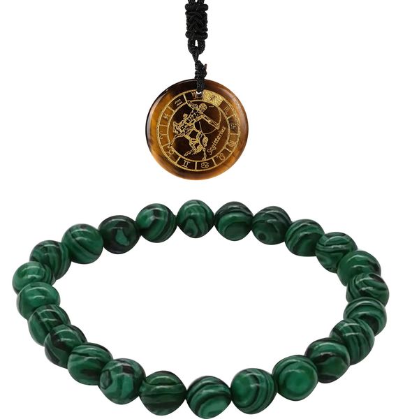 Soulnioi Healing Crystal Natural Energy Tiger Eye Crystal Sagittarius Constellation Pendant Necklace and Malachite Crystal Beaded Bracelet for Reiki Energy Spirit Gift