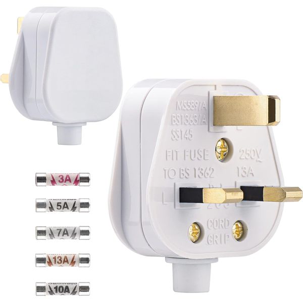 2 Pack 3 Pin Plug UK 13 Amp Plugs Fused Mains Plugs White Plug with 3A 5A 7A 10A 13A Domestic Fuses Kit