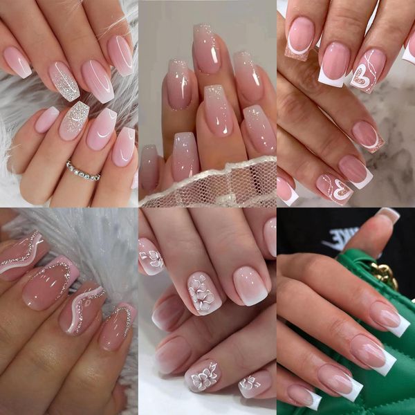 6 Packs (144 Pcs) Press on Nails Medium - Jsiallye Pink Gradient Press on Nails Square Coffin, Glue on with Nail in 12 Sizes - 24 Fake Nails Kit, French Tip Stick on Nails for Women