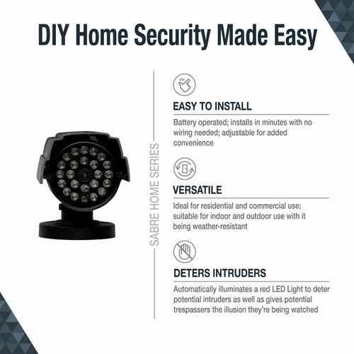 SABRE Fake Security Camera With Night Sensor, IP44 Rated Weather Resistant, LED Lights Automatically Turn On When Dark, Realistic Design Deters Intruders, Battery Operated, Fake Dummy Camera, Black