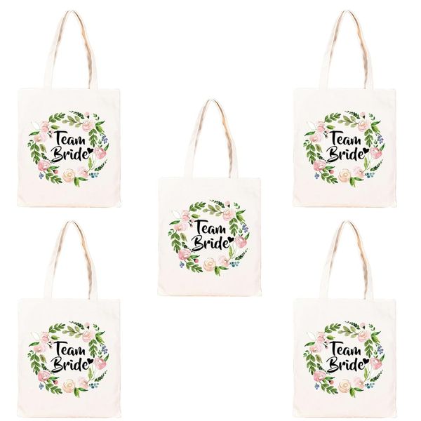 TRIXES 5PK Team Bride Floral Canvas Tote Bag – Wedding Hen Party Bridal Shower Essentials – 100% Cotton – 26 cm x 33 cm