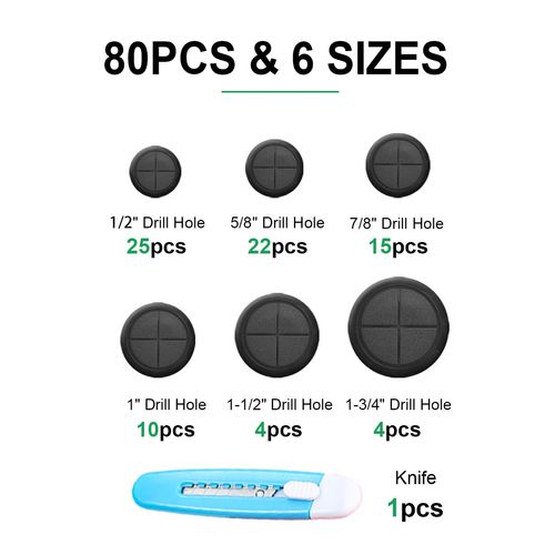 EASYEAH 80 Pcs Rubber Grommets Assortment Kit for Wiring 1-3/4 1-1/2 1 7/8 5/8 1/2 Inch Round Hole with 1 PC Knife, Firewall Automotive Rubber Hole Plugs for Electrical Wire Cables Plumbing Protection