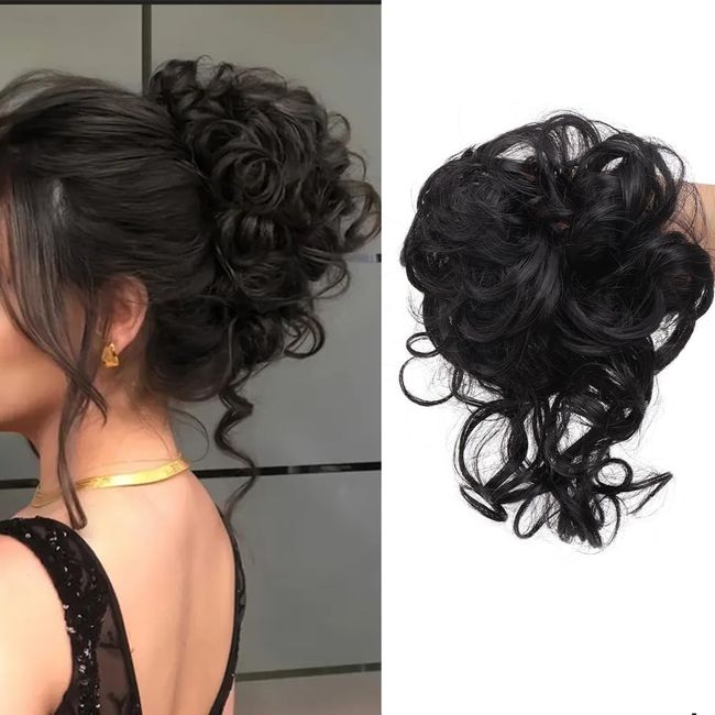 Haarteil Haargummi Hochsteckfrisuren Messy Bun Haarteil Hair Piece Voluminös Gelockt Unordentlich Dutt Große Haar Bun Scrunchies Erweiterungen für Frauen Mädchen (1B Natürliches Schwarz)