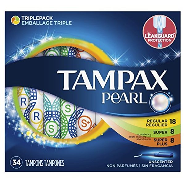 Tampax Tampons Pearl Triple Pack 34 Count Unscented 18 Regular+8 Super+8 (2 Pack)