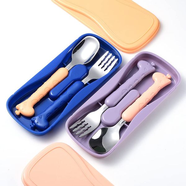 FUNNUO 2 Cartoon Toddler Utensil Sets, Kid Spoon and Fork Set, Stainless Steel Toddler Safe Silverware Set for Children Self-Feeding with Travel Carrying Case BPA Free