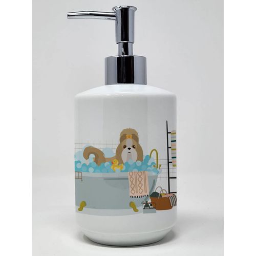 Caroline's Treasures WDK5680SOAP Gold and White Shih Tzu Ceramic Soap Dispenser Hand Soap Dispenser Pump Bottles for Bathroom Kitchen, Empty Refillable Liquid Soap Container