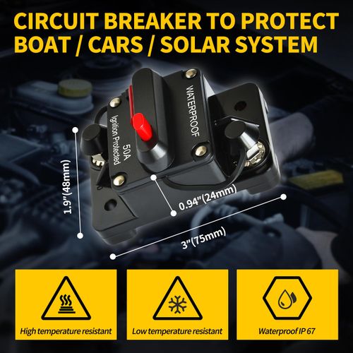 Bolipoeq 50Amp Circuit Breaker DC 12V-48V for Marine Boat Trolling Motor Automotive RV Trailer Car Solar System Battery Disconnect with Manual Reset Switch, IP67 Waterproof (Pack of 4)