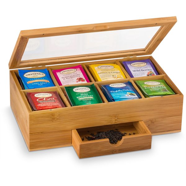 Bambüsi Tea Bag Organizer - Tea Organizer: Wooden Tea Box with 8 Compartments, Acrylic Window, and Magnetic Lid, Made of Bamboo - Keeps Tea Bags Fresh (Tea Not Included) - Great Gift Idea