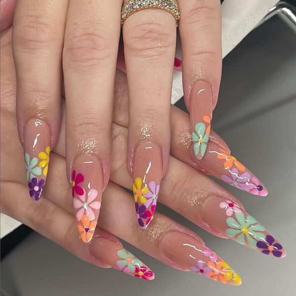 NICENEEDED 24 Pcs Flower Stiletto Long Press on Nails, Daisy Flower Nail Tips False Nails Almond Fake Nails with Colorful Floral Design Glossy Acrylic Glue on Nails