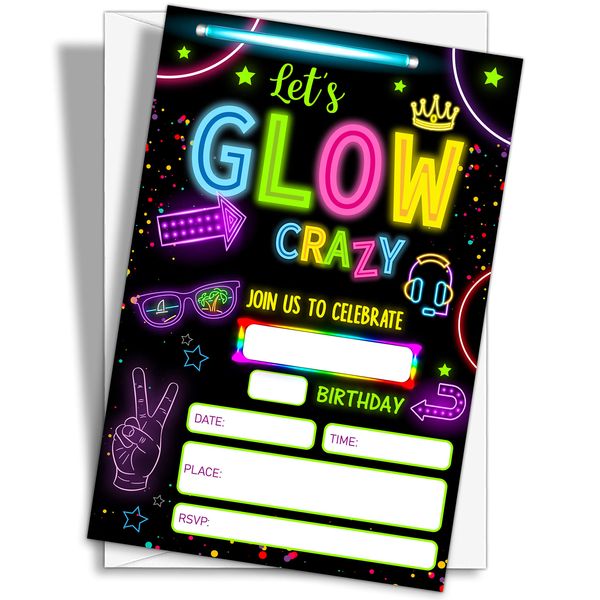 YQV Neon Glow Invitation Birthday Party Invitations, 20-Count Let's Glow Crazy Theme Birthday Party Invites With Envelopes-HBYQK-B02