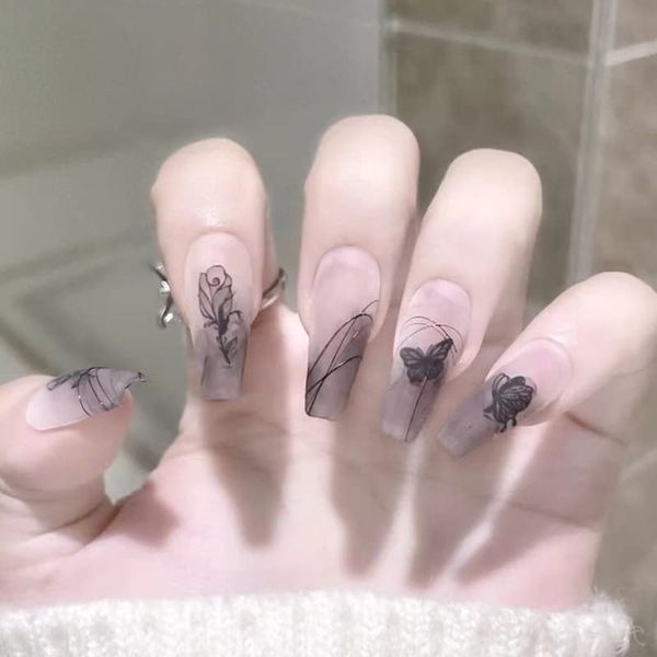 AAGWW Nail Tips, Berry Short, False Nails, Long, Coming-of-Age Ceremony, Mat, False Nails, Cute, Beautiful Shell Supplies, Workshop, Glue Design (Product Contents: 24 Nail Art + Glue, Color: Rose Ink Line, Nail Art Tool Set Included