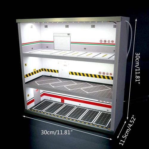 OUKANING Models Scenery for Model Cars Car Display Showroom 1:64 Scale, Case with LED Lighting, 3-Tiers Vehicle Parking Lot Scene Sports and Collectors