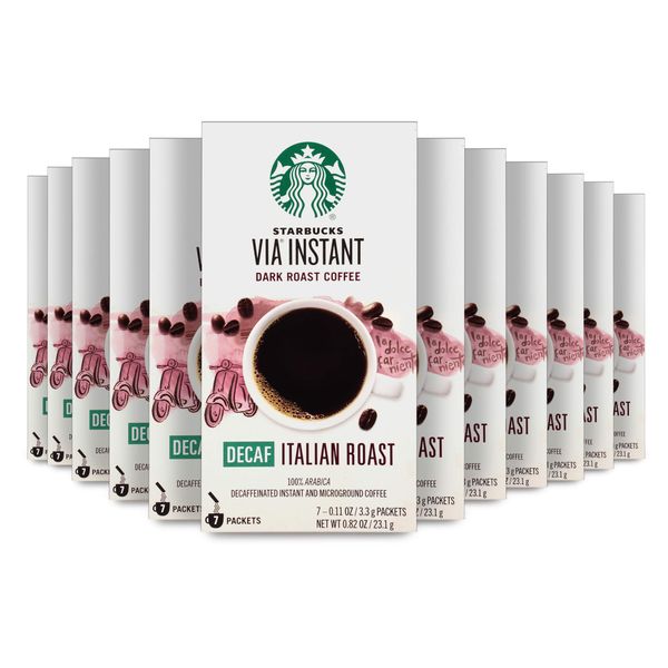 Starbucks VIA Instant Coffee Dark Roast Packets — Decaf Italian — 12 boxes (84 packets total)