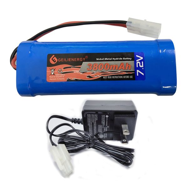 XUNTU 7.2V 3800mAh NIMH Battery (1 Pack) for RC Cars, 6-Cell NiMH Flat Rechargeable Battery Pack w/Standard Tamiya Connector + 7.2V Smart Charger(1 PCS)