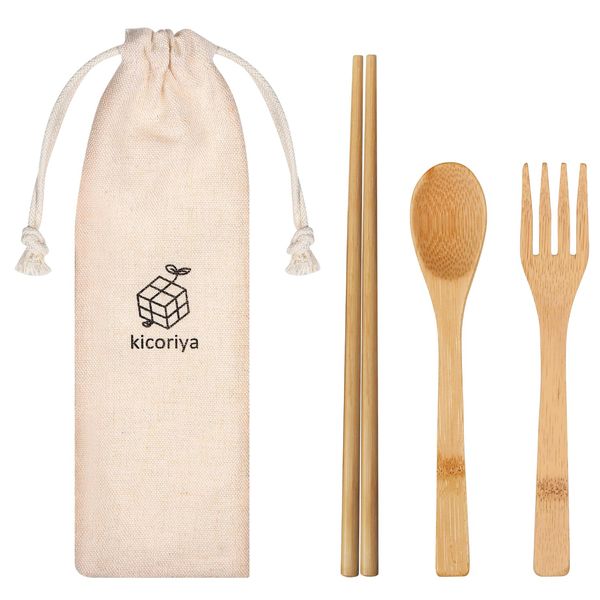 kicoriya Wooden Chopsticks, Fork and Spoon, Set of 3, Includes Storage Bag, Cutlery, Outdoor, Bento Box, Camping