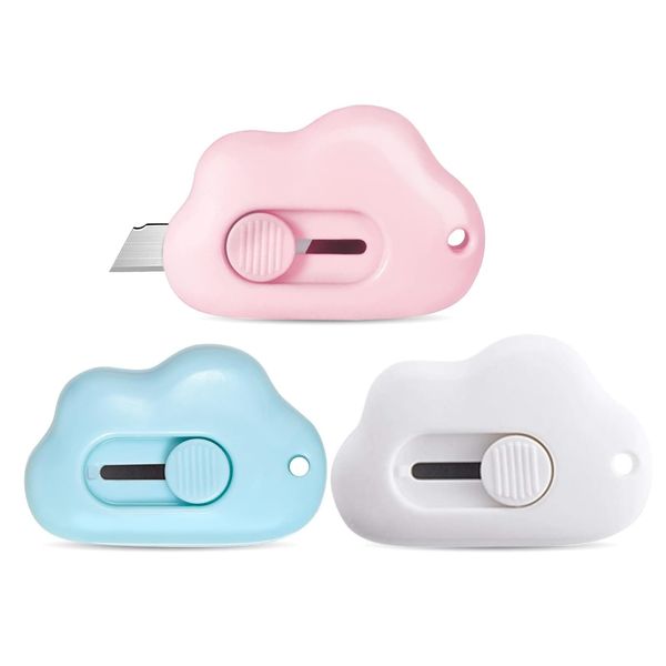 Mini Cloud Box Cutters Retractable Cute, 3 Pcs Small Utility Knives, Portable Letter Opener Slide Open with Keychain Hole, for Office School Stationery, Cutting Box Envelopes Papercutting