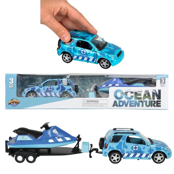 Aquatic Diecast 4 X 4 Blue Rescue Rover (Metal) and Jet Ski on a Trailer (Plastic) Great Ocean Sea Adventure Play Truck Set