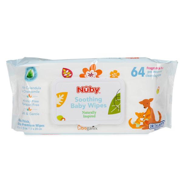 Nuby Soothing Baby Wipes Naturally Inspired with Chamomile Aloe and Citroganix (Fragrance Free/Extra Thick), Unscented, 64 Count