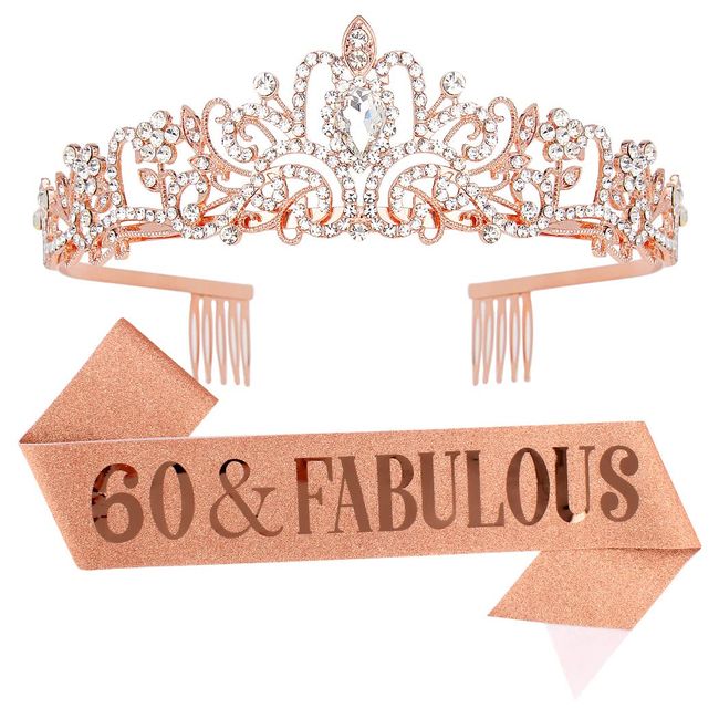 AOPRIE Birthday Crown for Women 60 & Fabulous Birthday Sash for Women Girls Rose Gold Birthday Tiara 60th Birthday Gifts Decoration for Women Princess Crown Rhinestone Headband Happy Birthday