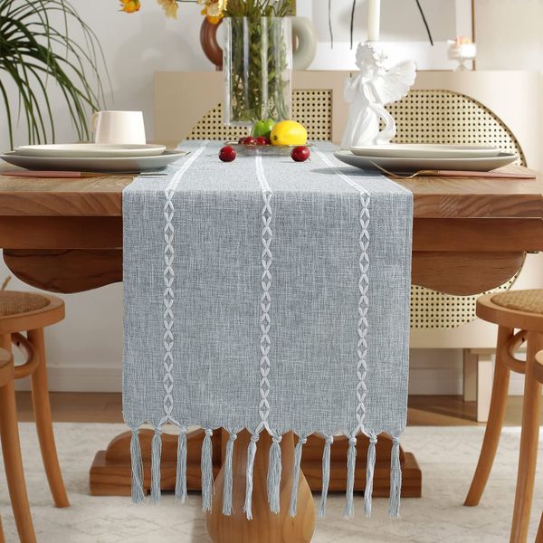 Wracra Cotton Linen Table Runner Farmhouse Style Dusty Blue Table Runner 90cm with Hand-tassels for Party, Dining Room Decorations Dessert Table Decor(Dusty Blue, 90cm)