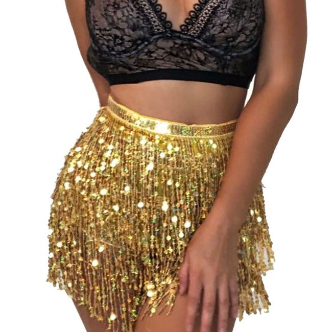 GORTIN Hip Skirt Sequin Tassel Fringe Skirt Hip Scarf Belly Dancer Skirts Halloween Festival Costume for Women Gold