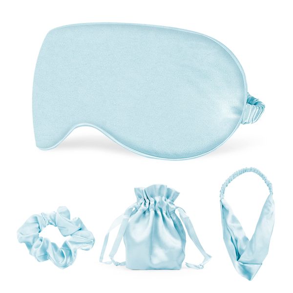 Sleep Masks Silk Sleep Eye Mask Travel Set Soft Sleeping Eye Mask with Hair Scrunchie Head Band and Travel Pouch for Girls Ladies 4 Pcs Blue