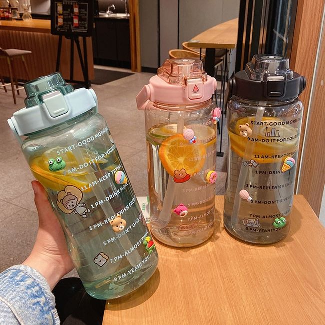 1pc Random Color 2L Water Bottle Straw Cup Time Scale Couple Water