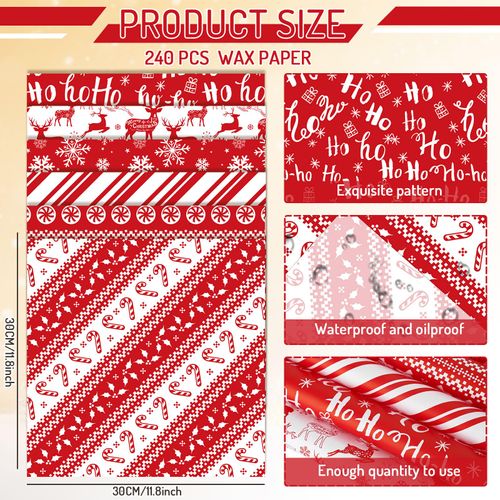 Whaline 240 Sheet Christmas Wax Paper 6 Styles Xmas Red Food Wrapping Tissue Paper Snowflake Elk Candy Print Deli Paper Basket Liners for Holiday Home Baking Gift Party Supplies