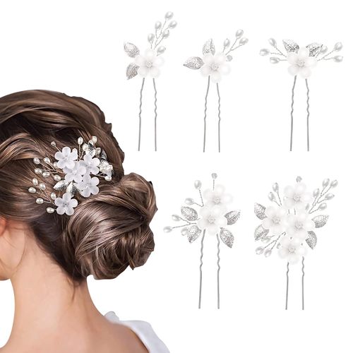 TONAUP Wedding Hair Pins, Pack of 5 Bridal Pearls Hair Pins, U-Shaped Wedding Hair Clips, Hair Pins, Flower, Silver Rhinestone, Bridal Jewellery for Women and Girls (Silver)