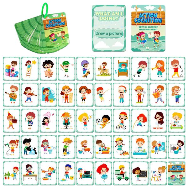 50PCS Behavioral Cognitive Cards for Kids,Cognitive Pictures Flash Cards for Action Cognition, Portable Waterproof Flashcards for Children, Educational Flash Cards