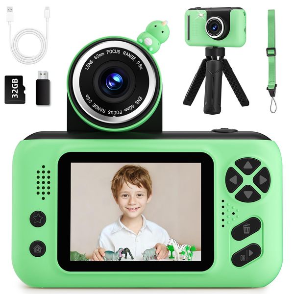 Kids Camera, Christmas Birthday Gifts for Boys and Girls Age 3-8,Video Cameras for Kids 8-12,Childrens Digital Camera for vlogging Portable Kids Selfie Camera with 32GB SD Card Green