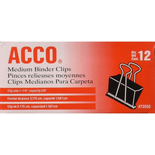 ACCO Medium Size Binder Clips - 1 p1/4'' Width. 5/8'' Capacity - 12 per Box - 8 Boxes (96 Total)