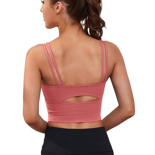 Everrysea Womens Longline Sports Bra Padded Yoga Workout Crop Tank Tops Strappy Camisole Fitness Shirts Pink