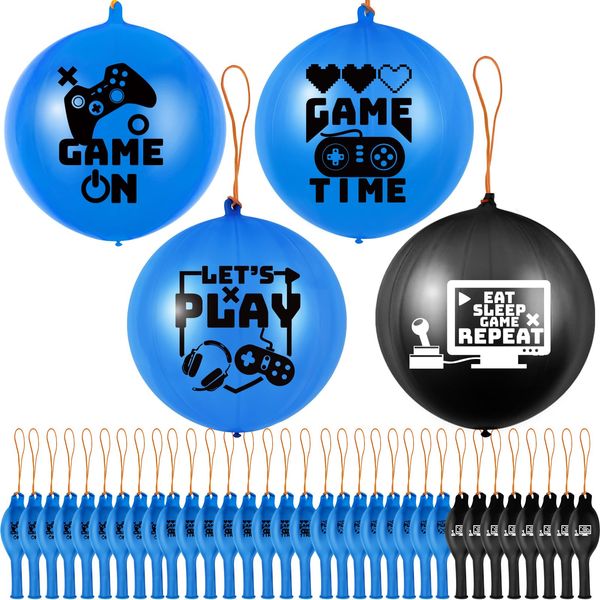 32 Pcs Video Game Punch Balloons Pixelated Punch Ball Pixel Video Game Punching Balls Latex Punch Balls Toys for Fun Games, Birthday Party Favors Supplies, Goodie Bag Filler (Blue, Black)