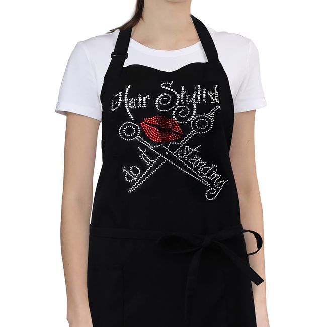 OCXMME Hair Stylist Apron with Rhinestone Hair Salon Apron Tools for Hairdresser Apron Long Ties 01