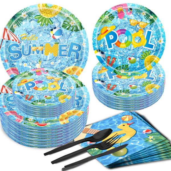 150Pcs Summer Pool Party Supplies Beach Party Supplies Set 9"& 7"Summer Pool Party Plates Napkins Knives Forks Spoons for Pool Theme Beach Party,luau Ball Water Tube Picnic Pool Birthday Party Decor