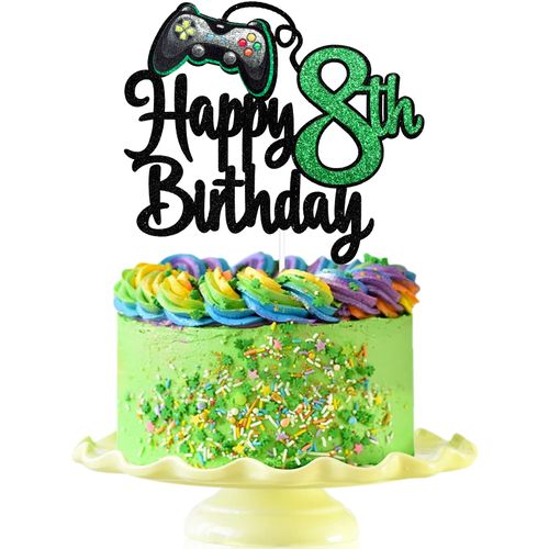 Video Game Happy 8th Birthday Cake Topper - Video Game Boy's 8th Birthday Party Cake Supplies - Game On Level Up Winner Party Decoration