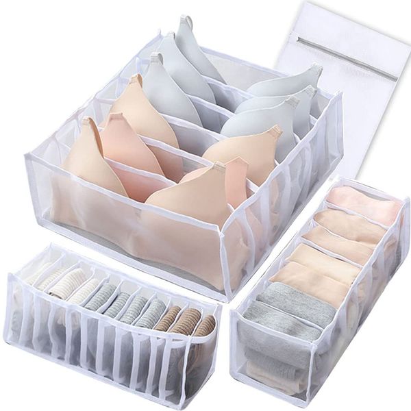 JEWYOCO 3-Piece Set Underwear Storage Box, Underwear Storage Case, Foldable, Drawer Dividers, Large Capacity, Bra Underwear, Socks, Small Storage, Insect Repellent, Dustproof, Moisture Proof, Breathable, Simple Storage, Multi-functional, White, (6 + 7 + 1