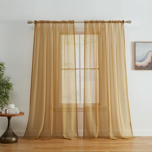 HLC.ME Gold Sheer Voile Window Treatment Rod Pocket Curtain Panels for Bedroom and Living Room (54 x 84 inches Long, Set of 2)